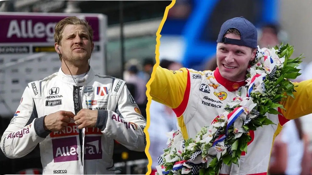 Deux pilotes de course en vêtements de compétition, l'un affichant une expression sérieuse et l'autre souriant et portant une couronne de lauriers.