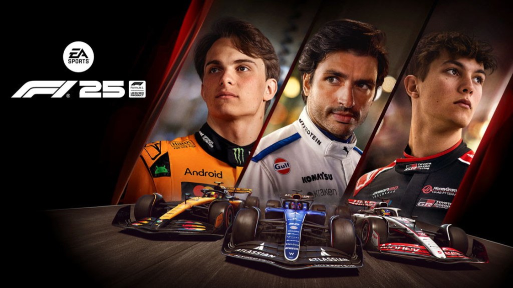 Couverture du jeu F1 25 avec des voitures de Formule 1 et trois pilotes représentant différentes écuries.