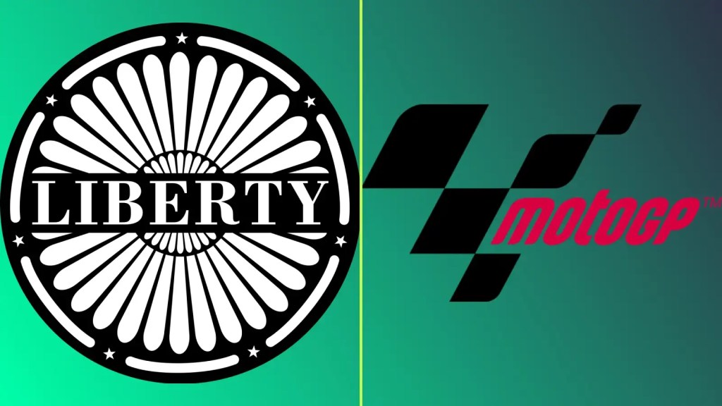Logo de Liberty Media à gauche et logo de MotoGP à droite sur un fond dégradé vert.